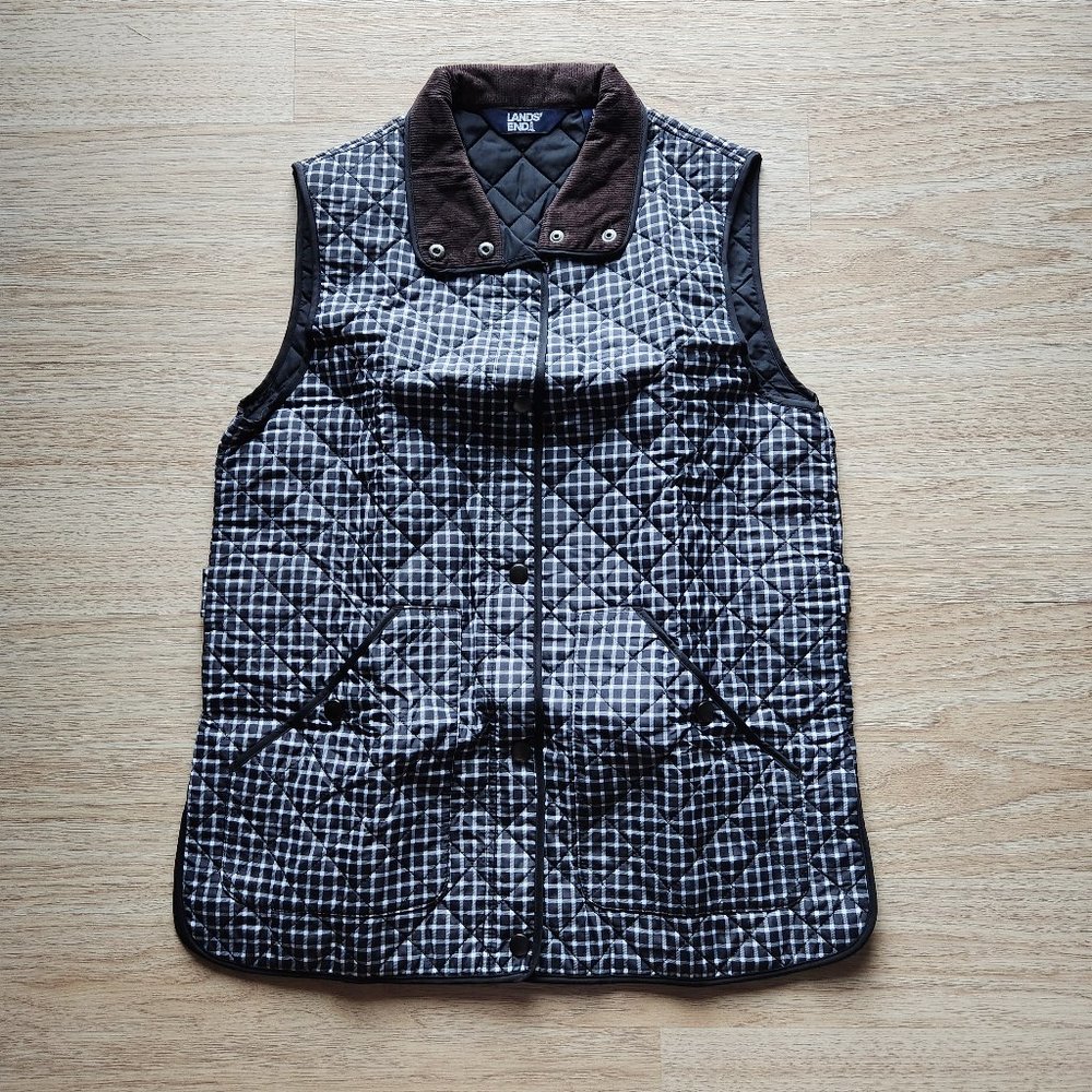 LANDS' END Check Quilt Primaloft Insulated Corduroy Collar Vest Snap Black White